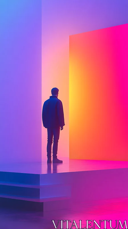 Silhouetted figure stands on platform before gradient light wall
