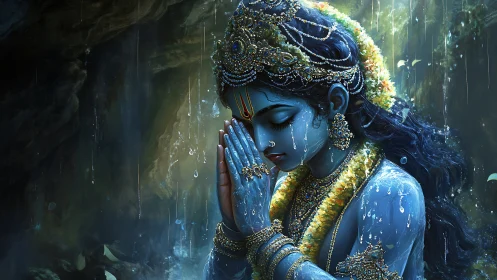 Divine blue figure prays in luminous forest rain.