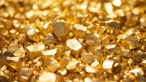 Macro view of irregular gold nuggets under warm light.
