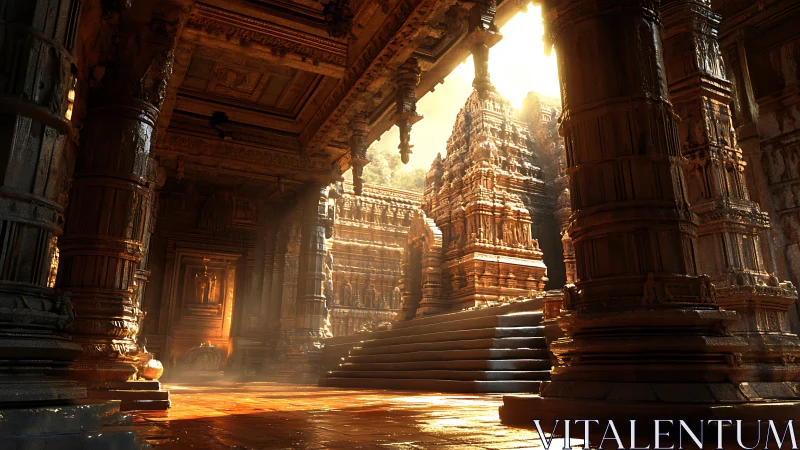 Sunlit temple corridor glows with intricate carved pillars.
