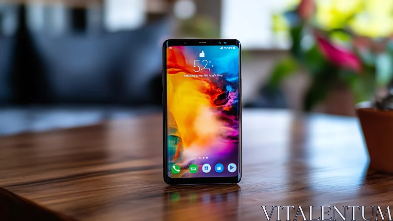 Smartphone Display Rendering Vibrant Color Gradient Wallpaper with Time