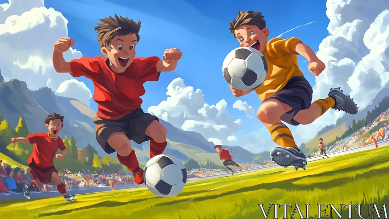 Joyful kids racing across a sunny soccer field together.