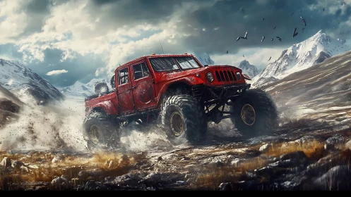 Wild red off road truck storms through rugged mountain trail
