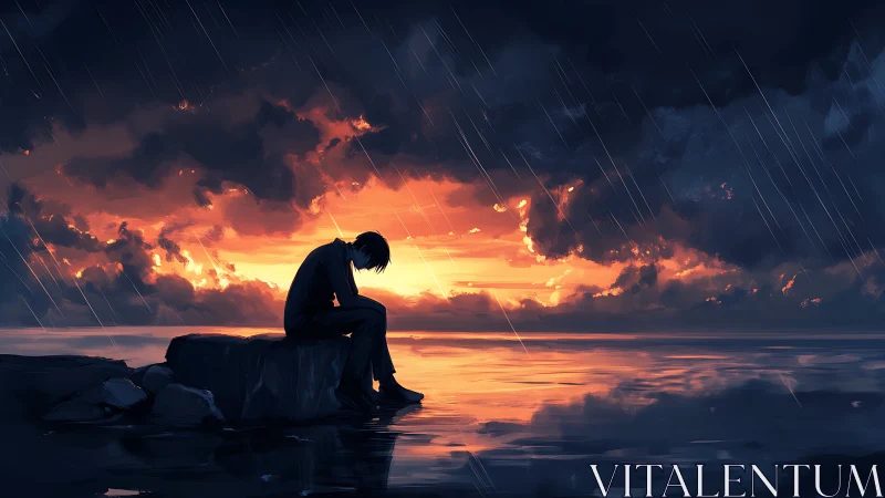 Solitary figure sits on rock in rain at vivid ocean sunset