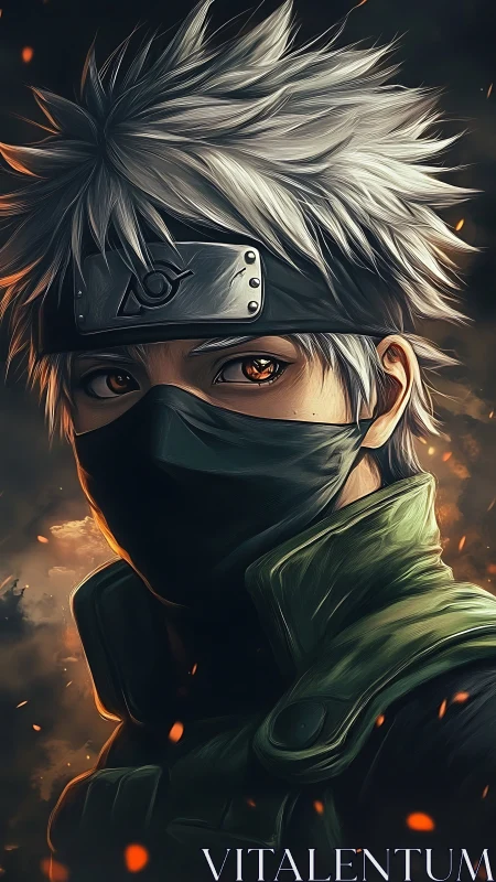 Masked silver-haired ninja portrait with ember-lit atmosphere.