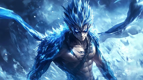 Blue-haired elemental warrior in dynamic icy environment.