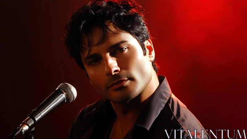 Male vocalist leans toward microphone under vivid red light