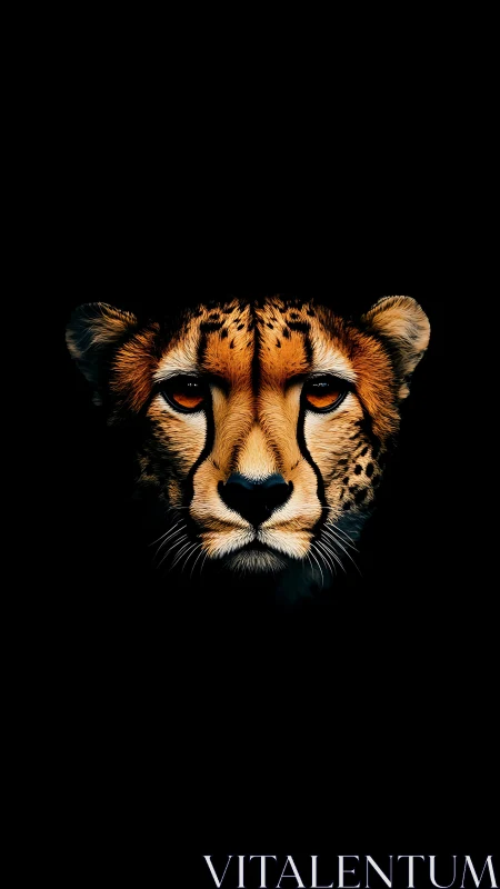 Cheetah Portrait Against Black: Striking Amber Eyes and Warm Tonal Gradient.