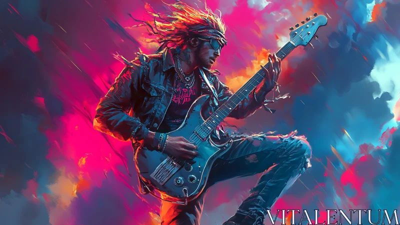 Electric guitarist shreds amid neon storm clouds of color