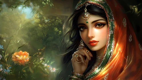 Forest-bloomed mystic bride wrapped in jeweled sunset veil.