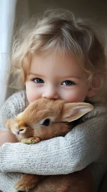 Soft morning portrait of child embracing gentle rabbit.
