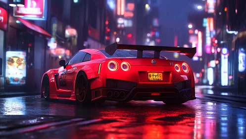 Red sports car glows through neon city rainstorm night