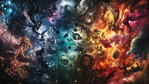 Celestial beasts clash across swirling elemental cosmos.