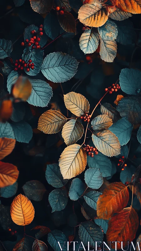 Autumn leaves and red berries form dense high contrast foliage