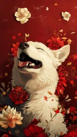 White dog head is rendered among red and white flowers