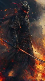 Blazing dark knight calmly guards a path through swirling fire