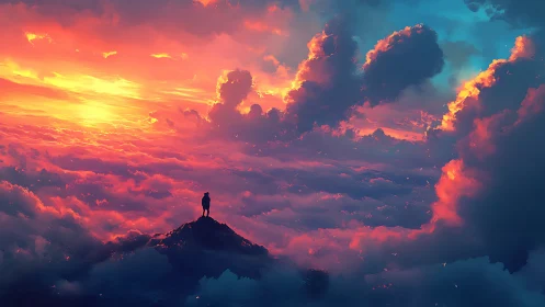 Solitary dreamer crowned by a storm of burning clouds.