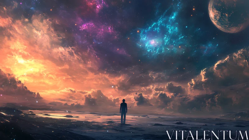 Lone figure under vivid cosmic sky on reflective shore.