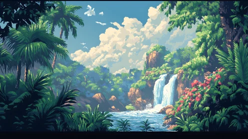 Pixel jungle waterfall under bright tropical sky.