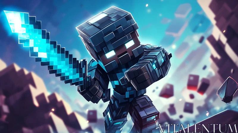 Voxel-style armored character wielding glowing pixel sword.