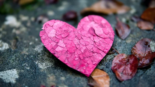 Vibrant Pink Heart-Shaped Leaf on Dark Stone Surface
