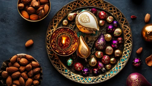 Candlelit festival sweets and ornaments on golden tray.