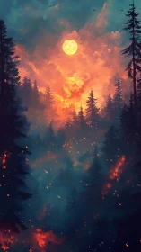 Luminous Moon Dominates Burning Forest Landscape.