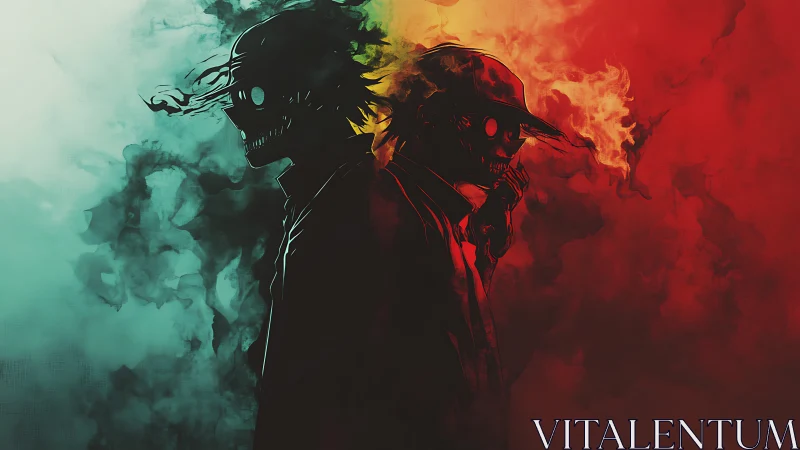 Twin shadow fiends drifting through teal and ember smoke.