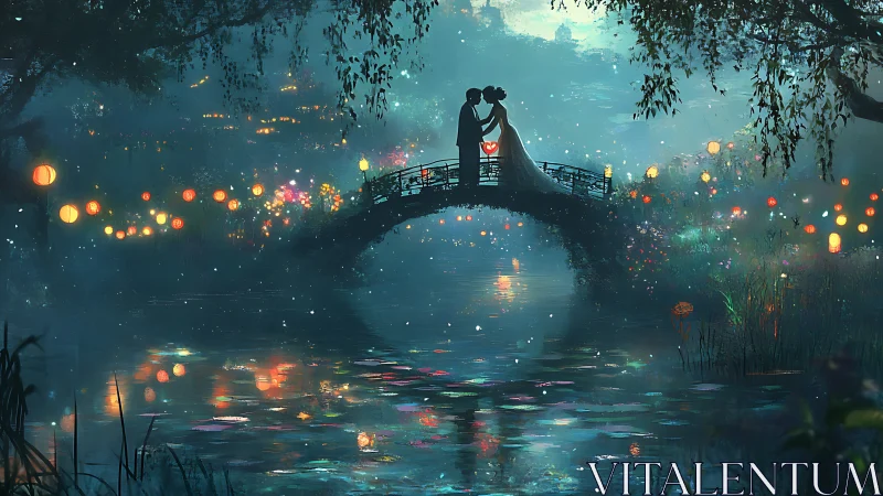 Couple on Bridge at Night with Lantern Reflections in Water