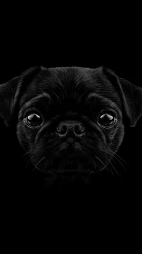 Gleaming black pug emerges from deep shadowed darkness