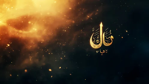 Luminous Arabic calligraphy glyph amid cosmic ember field