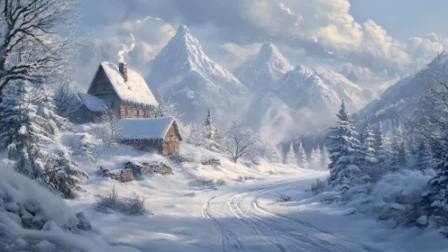 Snowbound mountain cabin with winding forest track.