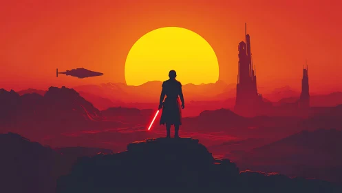 Silhouetted warrior overlooks alien city under burning sun