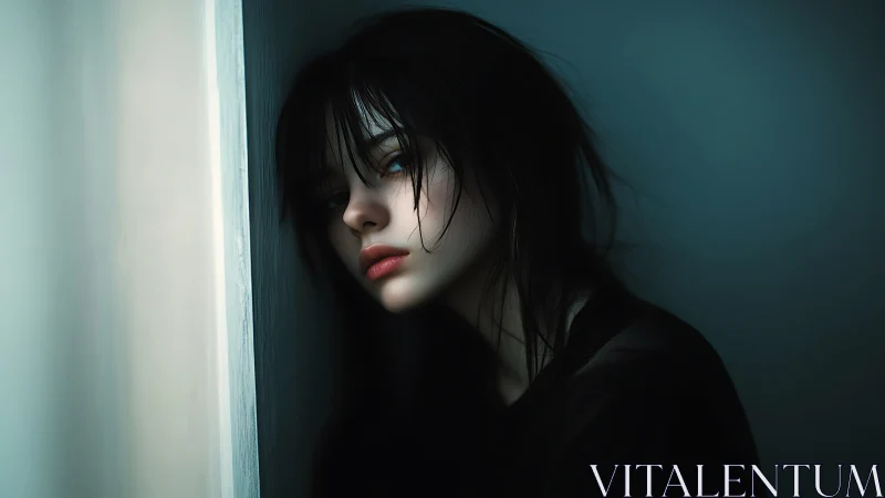 Quiet blue moment shows a thoughtful girl resting by the wall