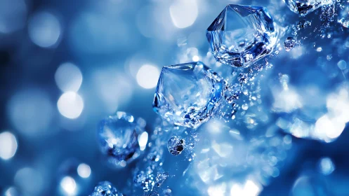Macro optical study of faceted ice crystals in blue bokeh field.