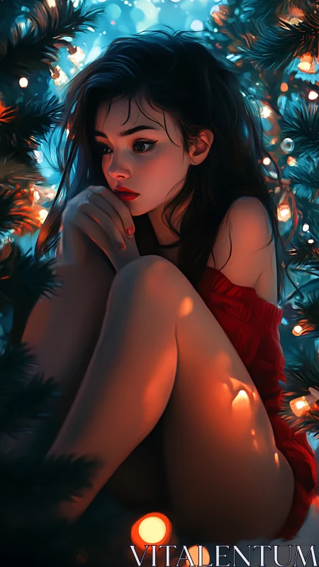 Winter lights cradle quiet girl in glowing holiday hush.