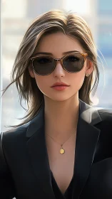 Woman in dark blazer and sunglasses faces camera directly