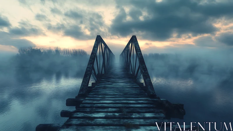 Foggy wooden bridge fades into a tranquil blue dawn