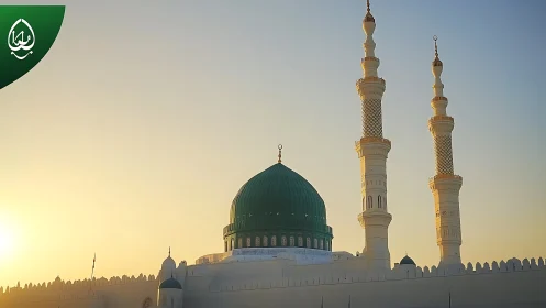 Green dome and twin minarets at sunrise over mosque