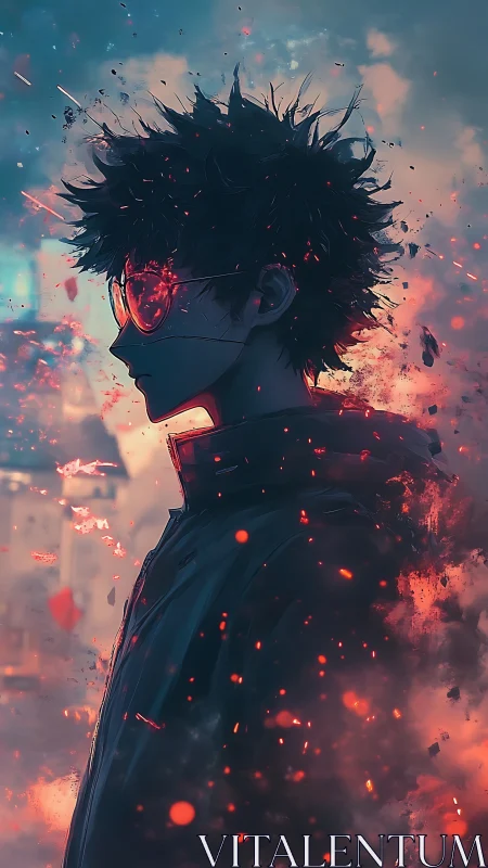 Profile view of masked figure amid digital embers and smoke