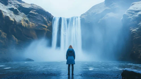 Solitary figure facing glacial waterfall in mist-laden basin
