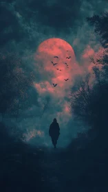 Solitary figure walks toward red moon through misted forest
