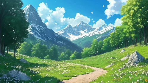 Mountain valley path curves through bright green meadow