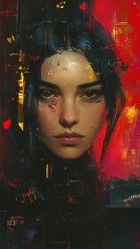 Cybernetic woman portrait amid fractured neon textures.