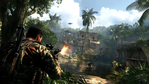 Jungle operative engaging targets by flooded ruins at dawn.