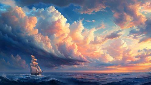Lone sailing ship beneath vast luminous sunset clouds.