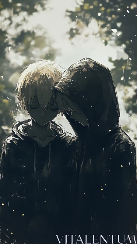 Two shadowed friends lean quietly into the rainy light