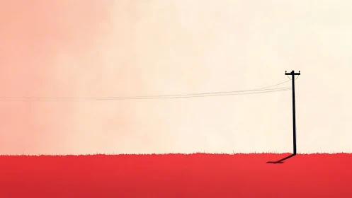 Minimalist power pole over red field and pale sky.