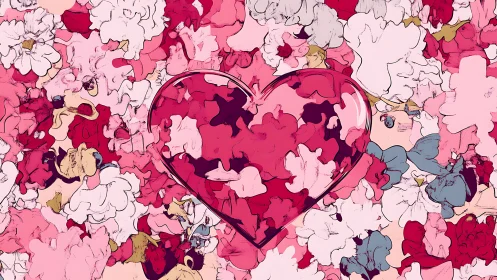 Heart Shape Composed of Layered Floral Elements in Varied Pink Tones