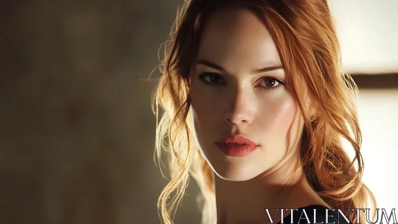 Soft portrait of red-haired woman in warm light closeup.